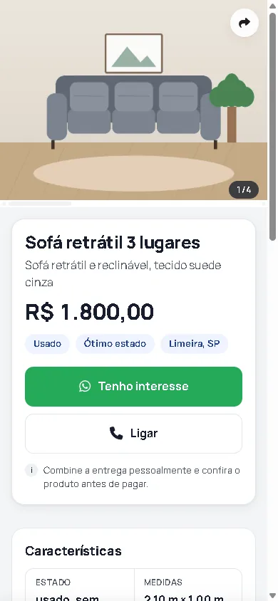 Página de exemplo: Vendendo um móvel: fotos e preço