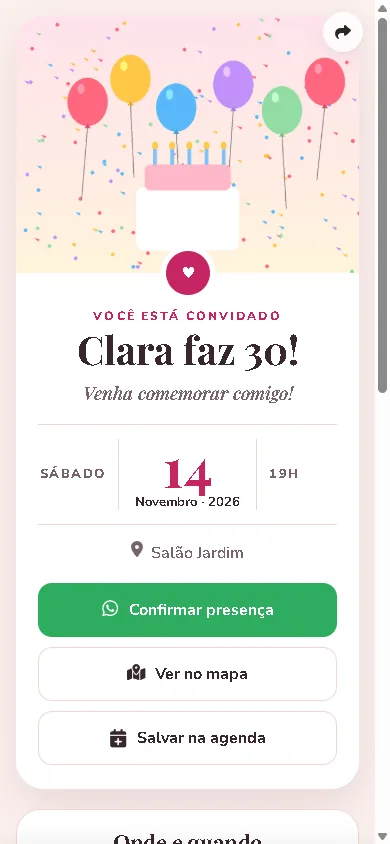 Página de exemplo: Aniversário: convite e confirmação
