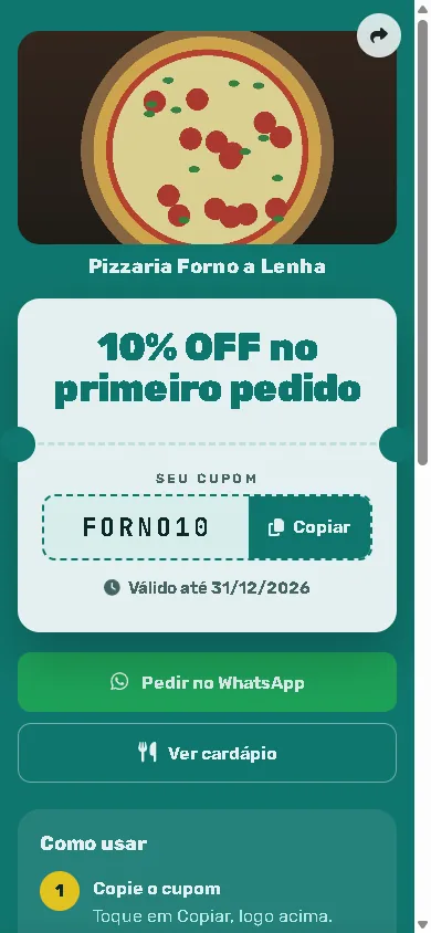 Página de exemplo: Pizzaria: cupom na caixa