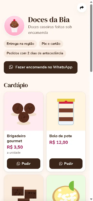 Página de exemplo no celular