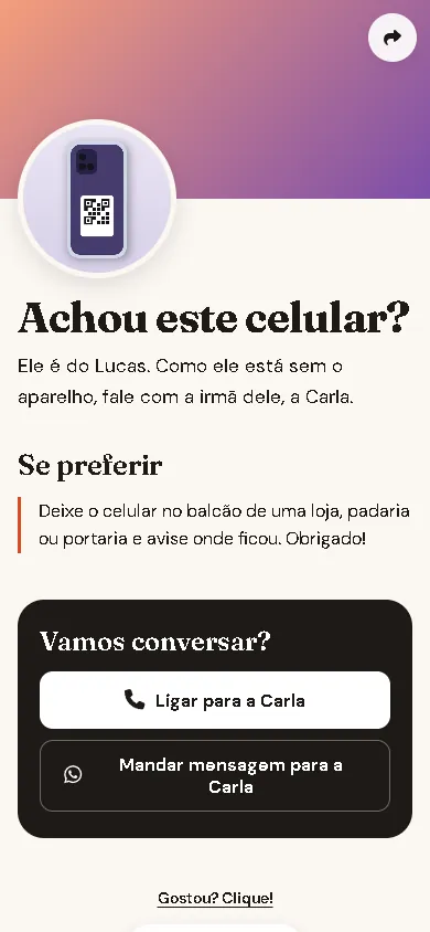Página de exemplo: Celular perdido: outro número