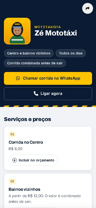 Página de exemplo: Mototaxista: corrida pelo WhatsApp